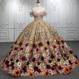 Mexican Champagne Shiny Quinceanera Dresses Colour 3D Floral Applique Birthday Princess Formal Sweet 15 16 Ball Gowns Vestidos XV Anos