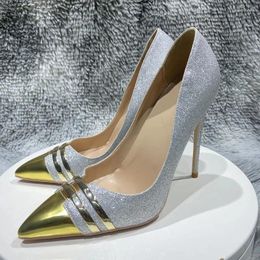 Dress Shoes Shiny Pointy Toe Women Patchwork Sparkle Silver Sequins Slip On High Heel For Wedding Party Stiletto Pumps