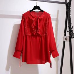 150Kg Plus Size Women's Spring Autumn Loose Chiffon Shirt Bust 151cm 5XL 6XL 7XL 8XL 9XL Long Sleeve Round Neck Top Black Red 240116