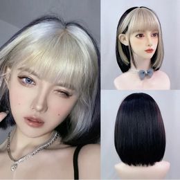 MSIWIGS Short Straight Bob Synthetic Hair Gold Black Cosplay Wig Women Lolita Summer Colour Highlighting Gradient With Bangs Dyed 240116