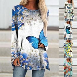 Women's T Shirts Autumn Women Top T-shirt Colorful Butterfly Print Leisure Vacation Daily Home Long Sleeve Round Neck Basic Plus Size S-5XL