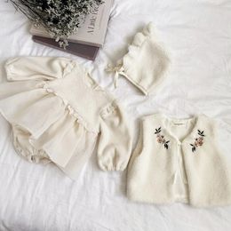 Autumn Winter Toddler Girl Fashion Fleece Splicing Mesh Dress Bodysuit Baby Solid Plus Velvet Thick Princess Onesie Cap 2pcs 240116