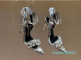 2024 Mirror Leather Crystal Stones Pointy Jewel High Heels Lady Gladiator Sandalias EU35-42 Original Box