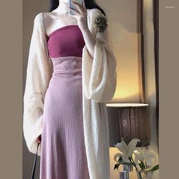 Casual Dresses Vintage Fashion Sexy Colour Patchwork Dress 2024 Summer Holiday Slash Neck Strapless Slim Midi Dress&Long Sleeve Loose Shirt