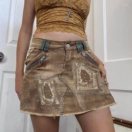 Skirts CINESSD Denim Street Rivet Zipper Patchwork Skirt For Women 2024 Summer Spicy Ladies High Waist Ruffles Vintage Style WS1301