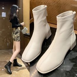 Elastic Socks Boots Fashion Ankle Boots Women High Heel Thicks Heel Square Toe Short Boots Women Retro Ladies Shoes 240115