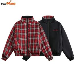 Vintage Double-sided Jacket Parka Men Women Cropped Plaid winter Thicken Stand Collar Loose Coat Street Outwear Lightweight 240116