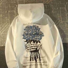 Women's Hoodies Sweatshirts American women hiphop street floral skull handprint large size hooded sweater for men and ins Harajuku style looseephemeralew