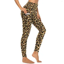 Women's Leggings Classic Leopard Yoga Pants With Pockets Brown Spots Print Sexy High Waist Novelty Sport Legging Quick-Dry Gym