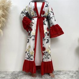 Ethnic Clothing Fashion Women Flare Sleeve Kimono Cardigan Flower Open Abaya Dubai Turkey Maxi Dress Islamic Embroidered Robe Jalabiya