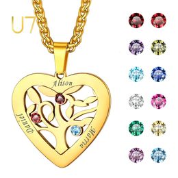 U7 Heart Pendant Necklace Personalised Engraved Stainless Steel Jewellery Friend Family Names Birthstone Gift for Women Girls 240115