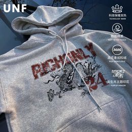 UNF Zodiac Dragon Theme Print 360G Technology Warmth Shake Fleece Heavy Duty Pullover with Plush Hooded Sweater for Men's Winter