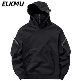 Streetwear Hoodies Harajuku Y2K Hip Hop Sweatshirts High Neck Mask Windproof Pullovers Dark Black Techwear Cargo Tops 240116