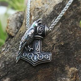 Pendant Necklaces 10pcs Men Stainless Steel Viking Raven Nordic Pagan Necklace Raven's Mjolnir Hammer2768