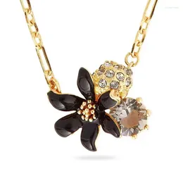 Necklace Earrings Set Spring 2024 Enamel Color Glazed Round Zircon Crystal Ball Black Lily Flower Fashion