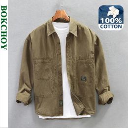 Spring Cargo Casual Shirt for Men 100 Cotton Big Pockets Four Seasons Loose Clothing AZ760 240115