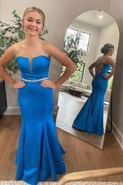 Trumpet Strapless Long Prom Dress Blue Evening Gowns Cross Straps Party Dresses Belt