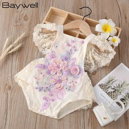 Baywell Infant Baby Girl Net Yarn Flying Sleeves Lace Embroidered Pearl Bodysuit Sweet Backless White Jumpsuit Summer Clothes 240116