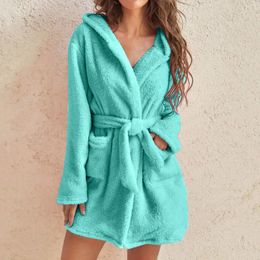 Women's Sleepwear Women Hooded Fleece Pajama Bathrobe Lightweight Soft Plush Long Sleeves Flannel Solid Color Loungewear Robe