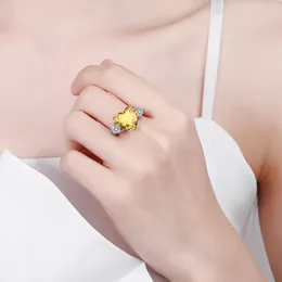 Cluster Rings KOFSAC Fashion Shiny Zircon Yellow Love Heart For Women 925 Sterling Silver Jewellery Finger Ring Lady Valentine's Day Gifts