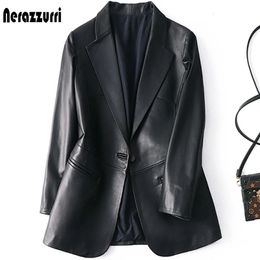 Nerazzurri Spring Autumn Black Leather Blazer Women Single Button Slim Fit Designer Womens Leather Jackets and Coats 5xl 6xl 7xl 240115