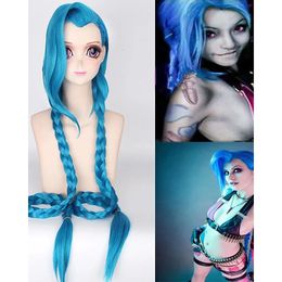 HAIRJOY Cosplay Lol Jinx 100 cm lungo blu con doppie trecce parrucca per costume anime di Halloween parrucca sintetica resistente al calore 240116