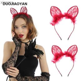 Headbands Red plush lace cat and rabbit ear headband animal headband hair accessories Halloween Easter YQ240116