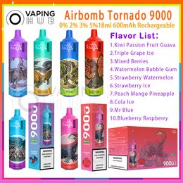 Original Airbomb Tornado 9000 Puff Disposable Vape Pen 18ml Prefilled Pod 600mAh Battery Mesh Coil Rechargeable 0% 2% 3% 5% Level 10 Flavours Puffs 9k Vapour Kit