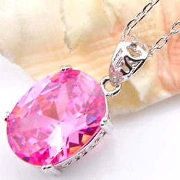 10Pcs Luckyshine Holiday Gift Oval Pink Kunzite Cubic Zirconia Gemstone Silver Pendants Necklaces for Wedding Party With Chain268R