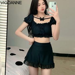 Wear VigoAnne 2023 Black Short Sleeve Swimwear Women Sexy High Waist Skirt Bikini Set Korean Lolita Swimsuit Summer Bathing Suit