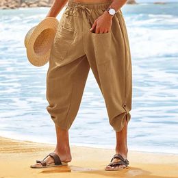 Men's Pants Casual Loose Cotton Linen Calf Pant Men 2024 Spring Summer Vintage Solid Color Drawstring Beach Trouser Men's Leisure