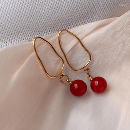 Dangle Earrings Fashion Red Beads Brief Golden Colour Irregular Geometry Drop For Women Party Personality Jewellery Gift