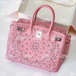 Designer tote bag 30cm 10A mirror quality pink total Handmade Embroidery Limited style handbag cloth patchwork special Customised style with original box