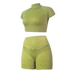 Women's yoga set sportswear tight fitting sportswear fitness wear high waisted short sleeved sportswear seamless gym 240116