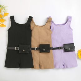 Baby girl jumpsuit set broadband sleeveless ribbed short game suit ribbed jumpsuit+waist bag 1-6T 240116