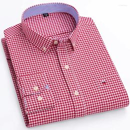 Men's Dress Shirts Long Sleeve Oxford Shirt Cotton Plaid Checkered Chest Pocket Button Down Collar Casual