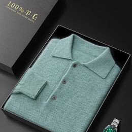 Autumn And Winter 100 Pure Wool Mens Lapel Long Sleeve Polo Neck Honeycomb Cashmere Knitted Youth Business Casual Sweater 240116