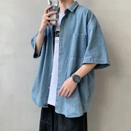 Summer Brand Denim Shirt Men Short Sleeve Cargo Coat Loose University Handsome Top Clothes 2023 Cowboy Oversize 240115