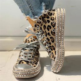 Women Sneakers Leopard Rivets Shoe Canvas Shoes Leisure LaceUp Low High Top Basket Femme Big Size 240115