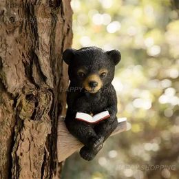 Garden Decorations Solar Charging Bear Sculpture Light Control Baby Bear Reading Book Garden Statue Yard Art Sculpture Garden Tree Decor YQ240116