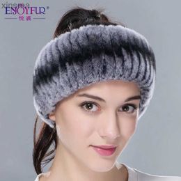 Headbands Winter fur headbands for women knitted rex rabbit fur scarf for women real fur head wrap ear warmer newest fashion hairband YQ240116