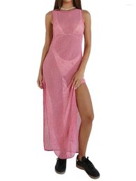 Women's Swimwear Women Sleeveless Swimsuit Cover Ups Sheer Crochet Beach Bikini See Through Maxi Dresses