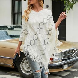 Autumn Winter Women Sweaters Poncho Knitting Capes Cloak Sweater V-Neck Irregular Hem Tassels Coat Striped Knitted Pullover 240115