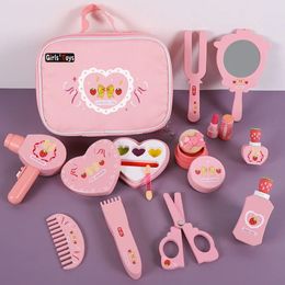 Children Wooden Play House Toys Pink Makeup Bag Simulation Girl Make Up Set Dressing Table Cosmetics Birthday Gift 240115