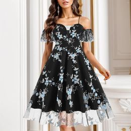 Casual Dresses Summer Floral Embroidery Mesh Patchwork Pin Up 2024 Fashion Off Shoulder Spaghetti Strap Short Sleeve A-Line Midi Dress