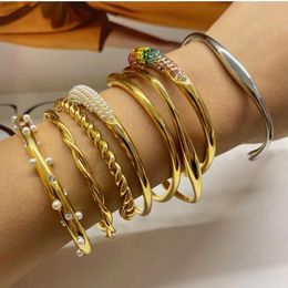 Charm Bracelets Uworld Waterproof Metal Texture 18K Gold Color Stainless Steel Cuff Open Bracelet Bangle Waterproof Statement Stylish Jewelry