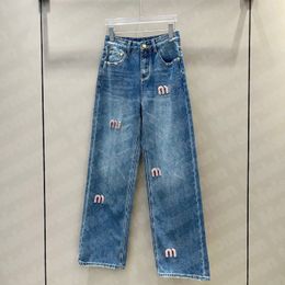 Женские джинсовые дизайнерские джинсовые брюки со стразами Miu Letter, свободные брюки высокого качества