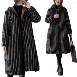 Women's Trench Coats Fashion Cotton Overcoat Female Coat Mid-Length Loose Hooded Black Stripe Padded Warm Winter Jacket Parkers