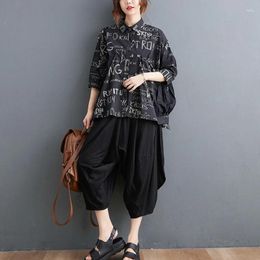 Women's Two Piece Pants Korea Style Print Letter Street Fashion Girl's Summer Sets Loose Tops Blouse Wide Leg Women Clothes Set Suits