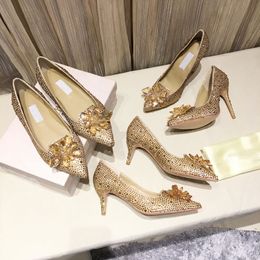 Women Pumps Crystal Pointy High-heeled Shoes Lady Flat Dress Shoes Full Golden Crystal Covered Pointy Toe Pumps 10.5cm 6.5 Cm Heels Designer Party Wedding Shoe Eur 34-42